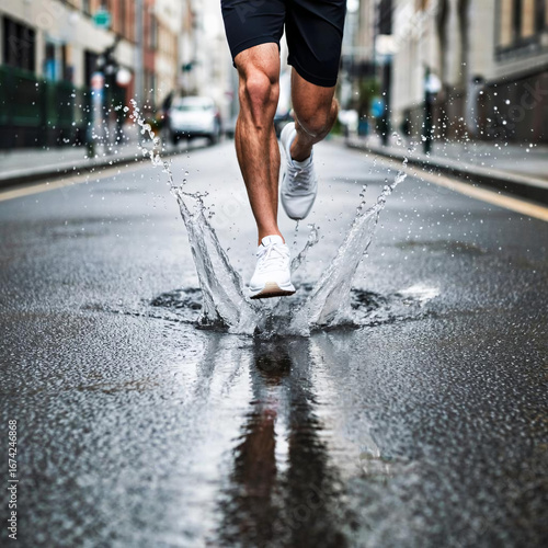 man running on wet asphalt in the city