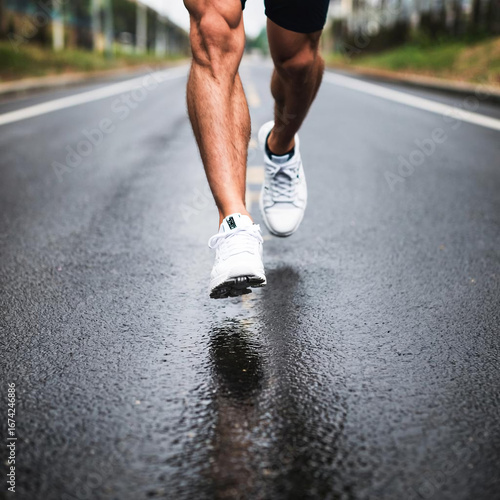man running on wet asphalt in the city