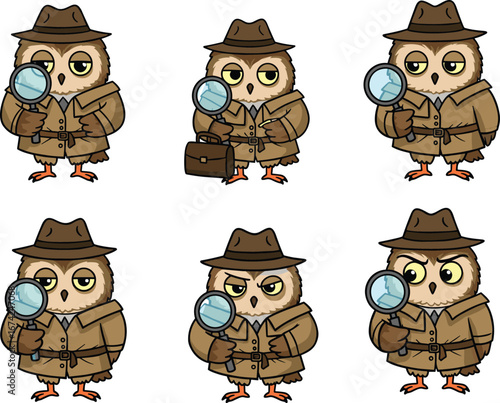 PrintCute Cartoon Detective Owl Character Set, Funny Owl Investigator with Magnifying Glass in Trench Coat Vector Illustration for Mystery Theme