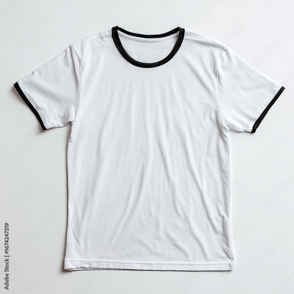Blank white t-shirt with black trim. Flat lay, top view Blank white t-shirt with black trim. Flat lay, top view