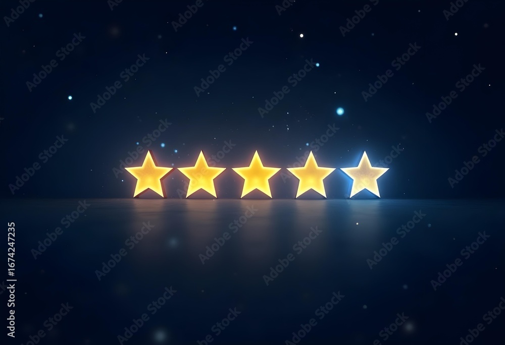 Fototapeta premium Glowing Star Rating: Four Yellow, One Blue Illuminated Star Award, Dark Background, Abstract Concept