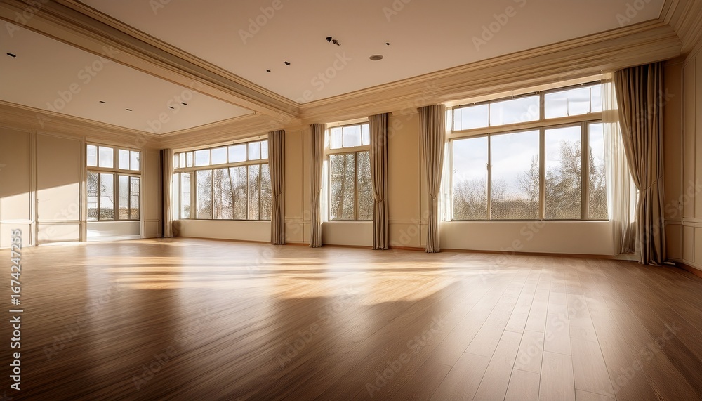 Obraz premium spacious empty room with large windows high ceilings with beans natural lighting and beige tones