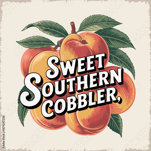 Vintage Southern Peach Cobbler Illustration with Typography