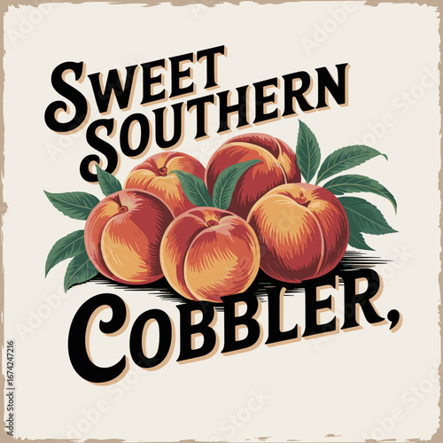 Vintage Southern Peach Cobbler Illustration with Typography
