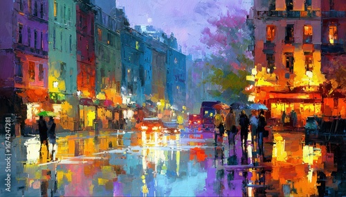 Fototapeta Naklejka Na Ścianę i Meble -  A vibrant, impressionistic painting of a Parisian street scene at night, filled with reflections and light