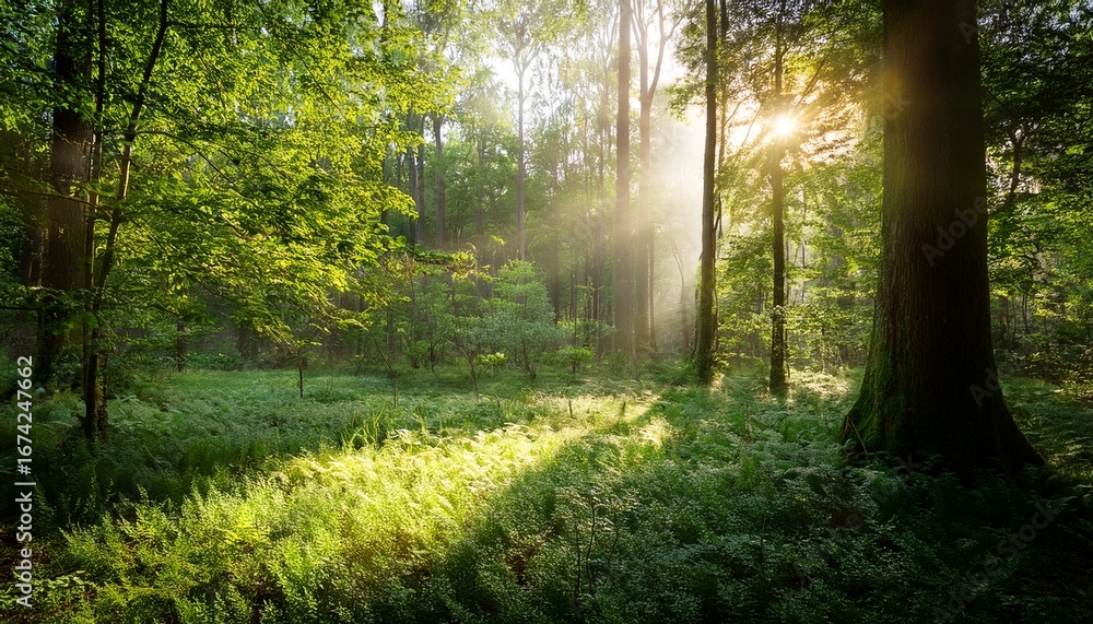 Fototapeta premium sunlight filtering through lush green forest illuminating a clearing