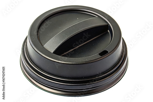 Black plastic disposable coffee cup lid with a sipping spout isolated with transparent background