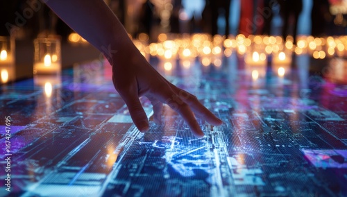 Interactive floor display.  Hand touches digital map