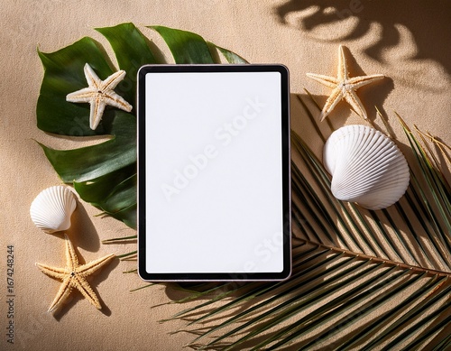 blank tablet screen mockup with seashells and palm leaves in sunlight