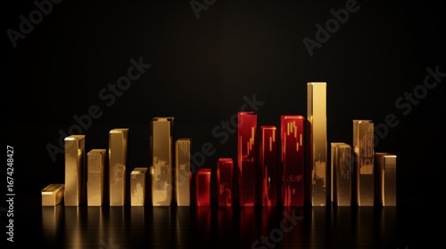 Futuristic Metallic City Skyline in Gold and Red on Dark Background
