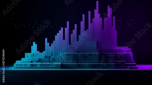 Futuristic Neon Landscape of Glowing Voxel Mountains in Blue and Purple