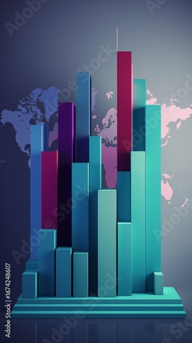 Colorful 3D Bar Graph with World Map Overlay on Dark Gradient Background