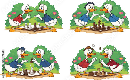 PrintFunny cartoon ducks arguing over chess game in garden, comical animal characters playing strategy board game, outdoor illustration scene.