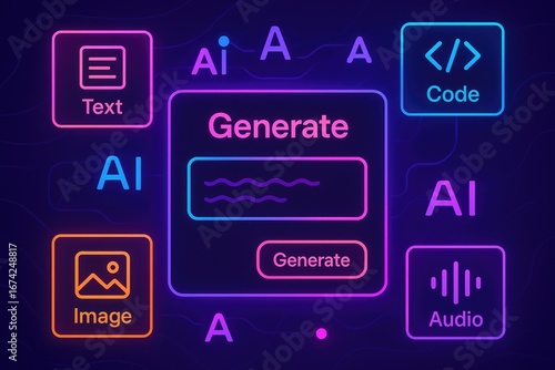 Obraz na płótnie AI content generation interface with icons for text image audio and code on a dark background artificial intelligence