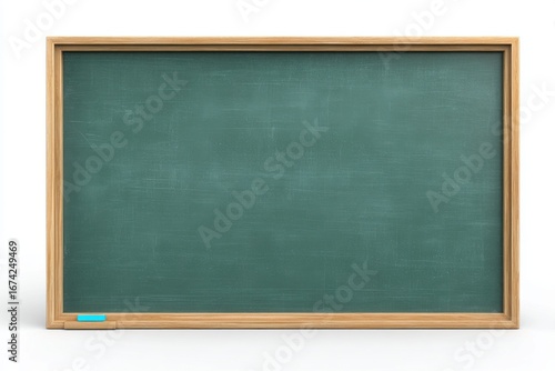 Classic green chalkboard in a wooden frame against a bright white backdrop. Close-up of a blank blackboard. Horizontal black board or wall texture background. School Chalk black board with blue eraser