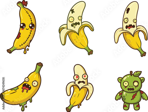 PrintFunny zombie bananas cartoon set, creepy fruit characters, undead food illustration, cute scary fruits, horror kawaii banana icons, spooky mutant produce art
