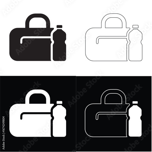 A black and white graphic illustration of a duffel bag with a water bottle in the side pocket