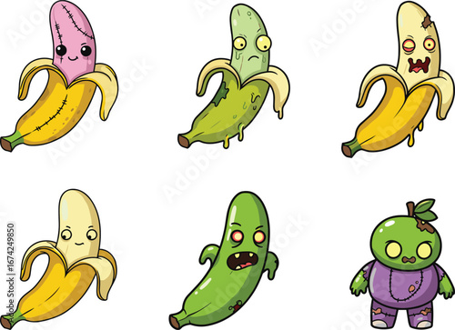 PrintFunny zombie fruit and vegetable cartoon characters set, creepy yet cute food monsters with different expressions for Halloween and kids design