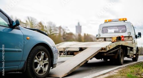 Damaged car being towed, truck with ramp visible, blurry trees behind