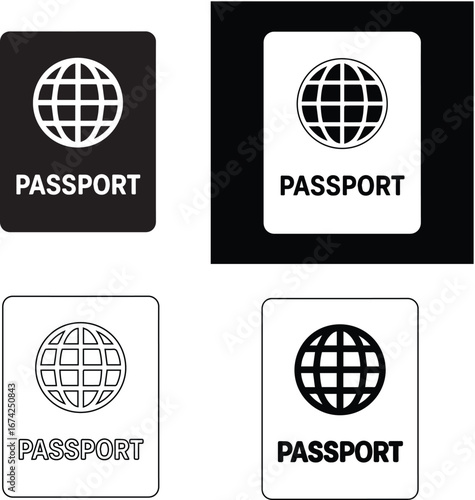  black passport with a white globe symbol and a small rectangle at the bottom on a white background eps vector icons pack
