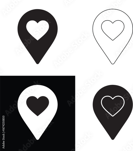 Four black and white map location pins with hearts inside silhouette isolated on white background