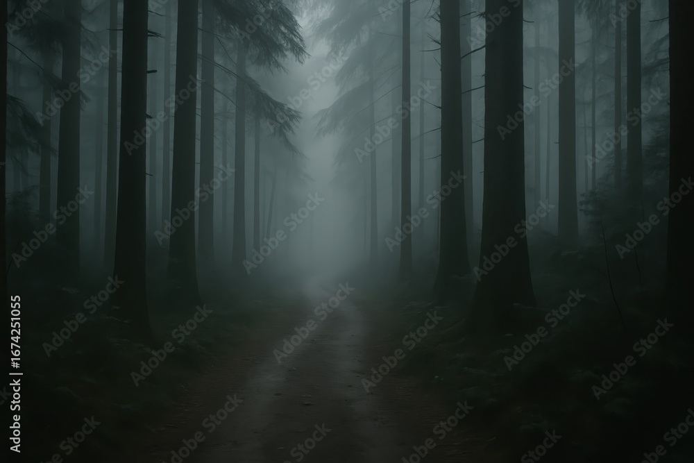 Naklejka premium Mystical fog-covered pathway leading into unknown forest depths creating atmosphere of uncertainty and wonder