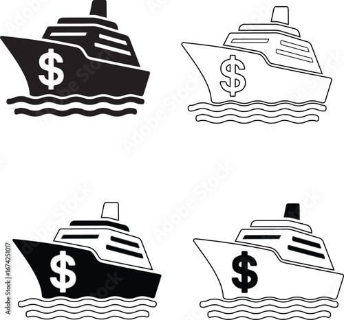 Front view illustration of a large cruise ship or passenger vessel for sea travel and luxury vacations
