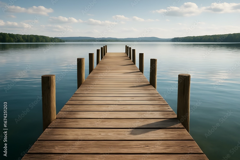 Fototapeta premium Tranquil Wooden Dock on Peaceful Lake