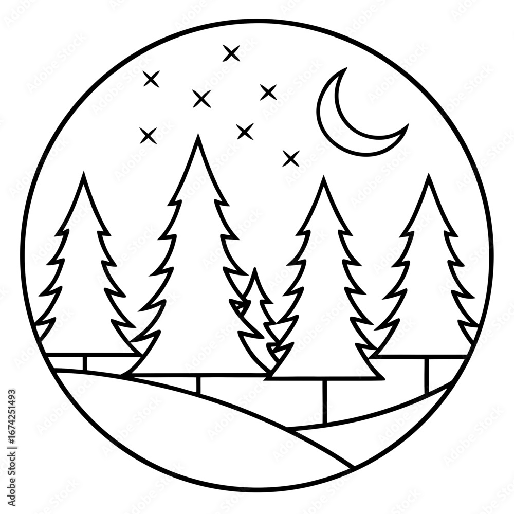 Fototapeta premium Moonlit Forest Line Art Scene