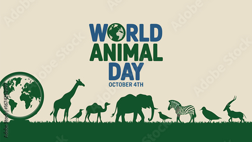 Vector art of world animal day on october 4th with various animal silhouettes and planet earth icons against a light backdrop and green grassy foreground