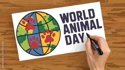 Vector art of world animal day message written on paper with a hand holding a marker and a globe with paw prints on a wooden table
