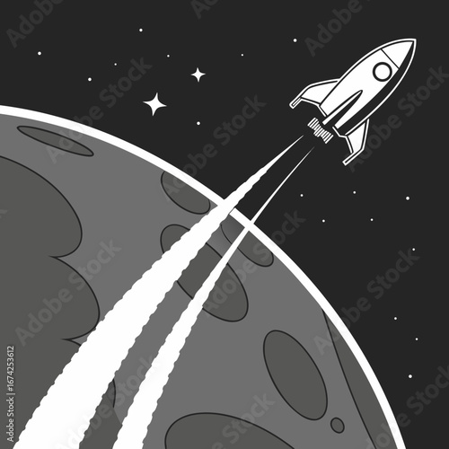 A rocket soars past the moon, leaving a trail of smoke in its wake