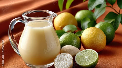 Wallpaper Mural Fresh citrus juice preparation with limes, lemons, and tropical fruits in a cozy kitchen setting Torontodigital.ca