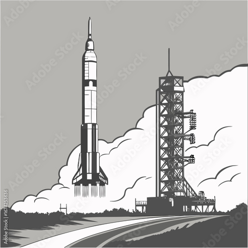 A rocket launching from a pad with smoke and clouds near a tower structure