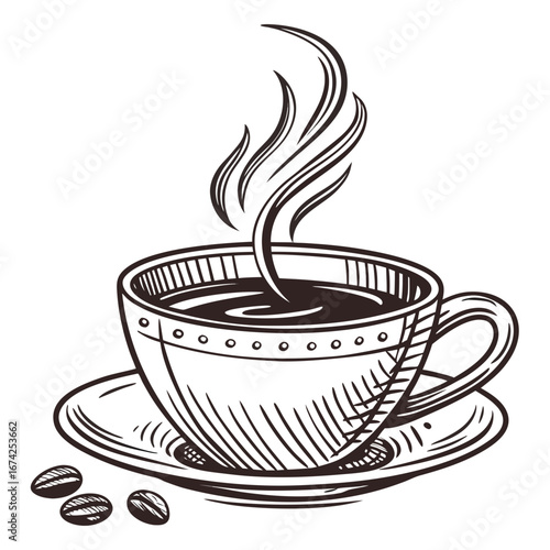 A steaming cup of coffee with beans on a saucer