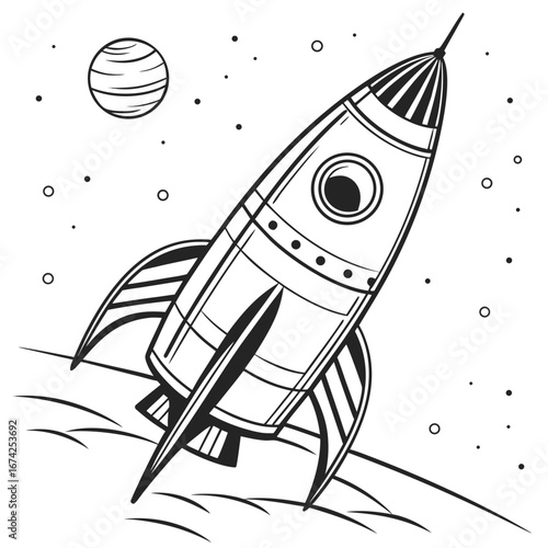A vintage rocket ship is landing on the moon