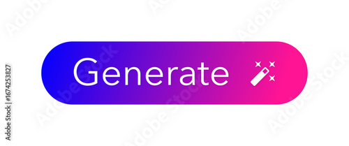 A modern Call to Action (CTA) button for Generative AI. A clean UI element 'Generate' button with vibrant purple to pink gradient, a magic wand symbol for UX design. A component for software, websites