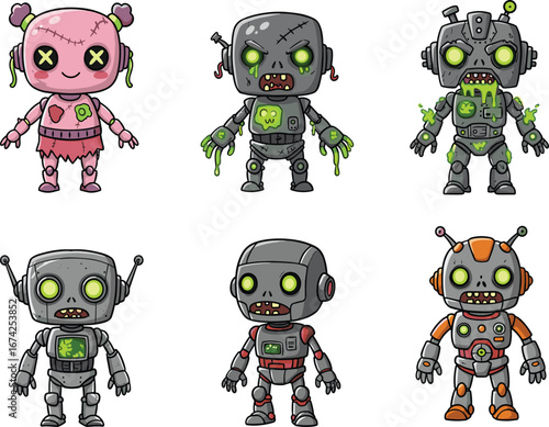 PrintZombie robot characters cartoon set, glowing green eyes, sci-fi undead androids, creepy cyborg mascots, futuristic horror illustration, cute scary bots collection