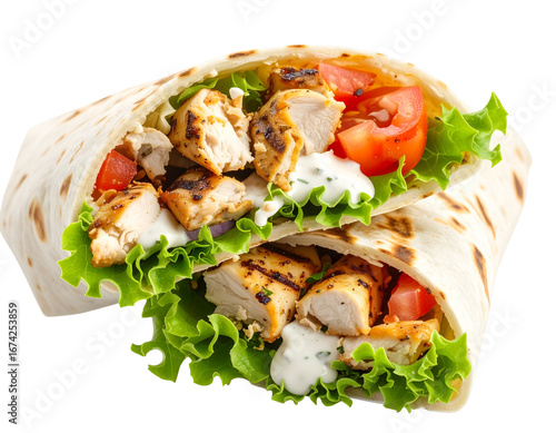 Classic Chicken Shawarma Wrap with Garlic Sauce, Side View, Isolated