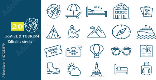 Travel and vacation icons set for tourism and leisure