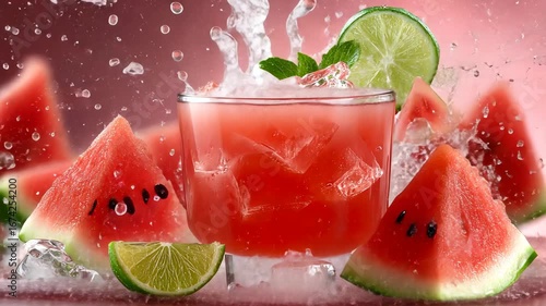 Refreshing watermelon cocktail with mint and lime garnishes prepared in a bright setting