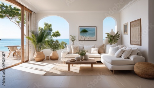 mediterranean living room interiors in a luxury villa with coastal decor and minimal furniture coastal interior design composition with natural lighting