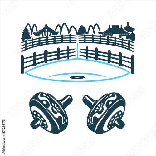 Beigoma Tops Japanese Spinning Game Illustration Beigoma Spinning Tops Japan Two tops colliding in a battle ring