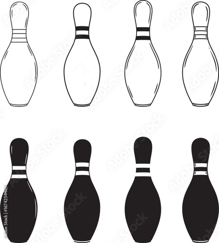 Bowling Pins in Black and White Outline and Solid Silhouette