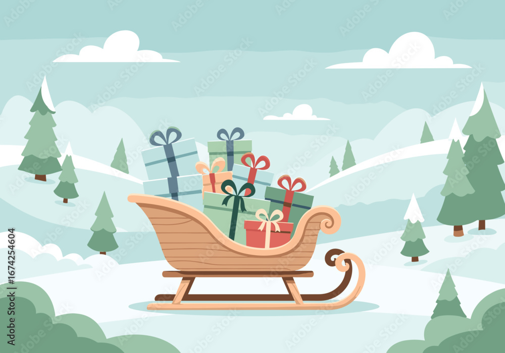 Obraz premium Festive wooden sled loaded with colorful gifts in a snowy landscape