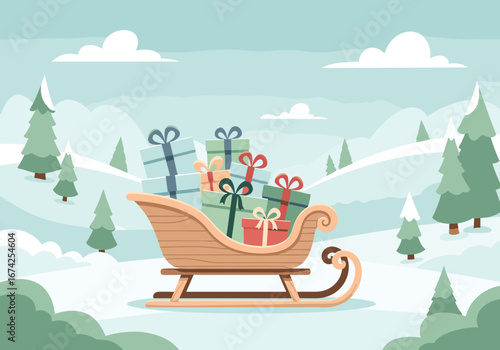 Festive wooden sled loaded with colorful gifts in a snowy landscape