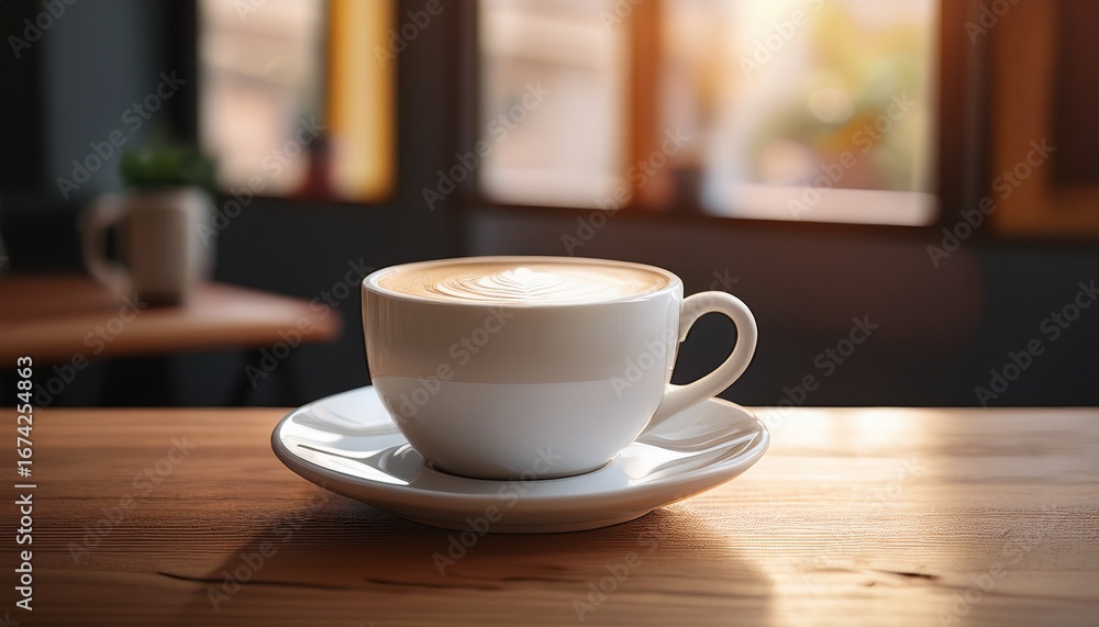 Fototapeta premium side view of coffee cup on a wooden table in a room cappuccino espresso mug