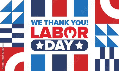 Happy Labor Day. Public federal holiday, celebrate annual in United States. American labor movement. Patriotic american elements. Poster, card, banner and background. Vector illustration