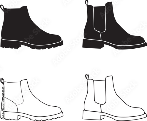 Chelsea boots vector illustration set in black silhouette and outline style