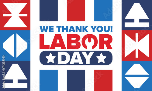 Happy Labor Day. Public federal holiday, celebrate annual in United States. American labor movement. Patriotic american elements. Poster, card, banner and background. Vector illustration